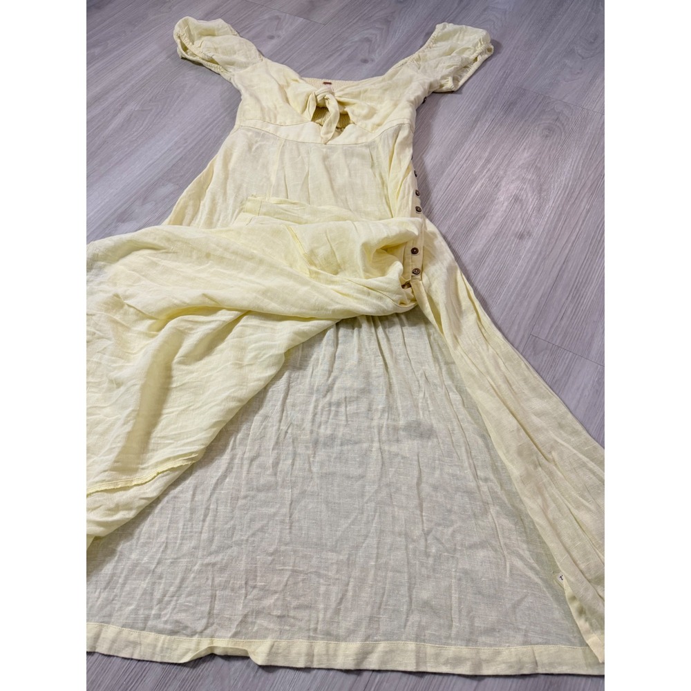 Free People Oasis Midi Dress Yellow Cotton Blend Tie Front Puff Sleeve Medium - Picture 7 of 13